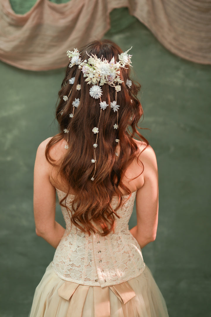 Cream, Dusty Blue, Lilac Flower Waterfall Hair Vine – Romantic Bridal Hair Accessory with Floral Veil – handmade floral hair accessory by magaela