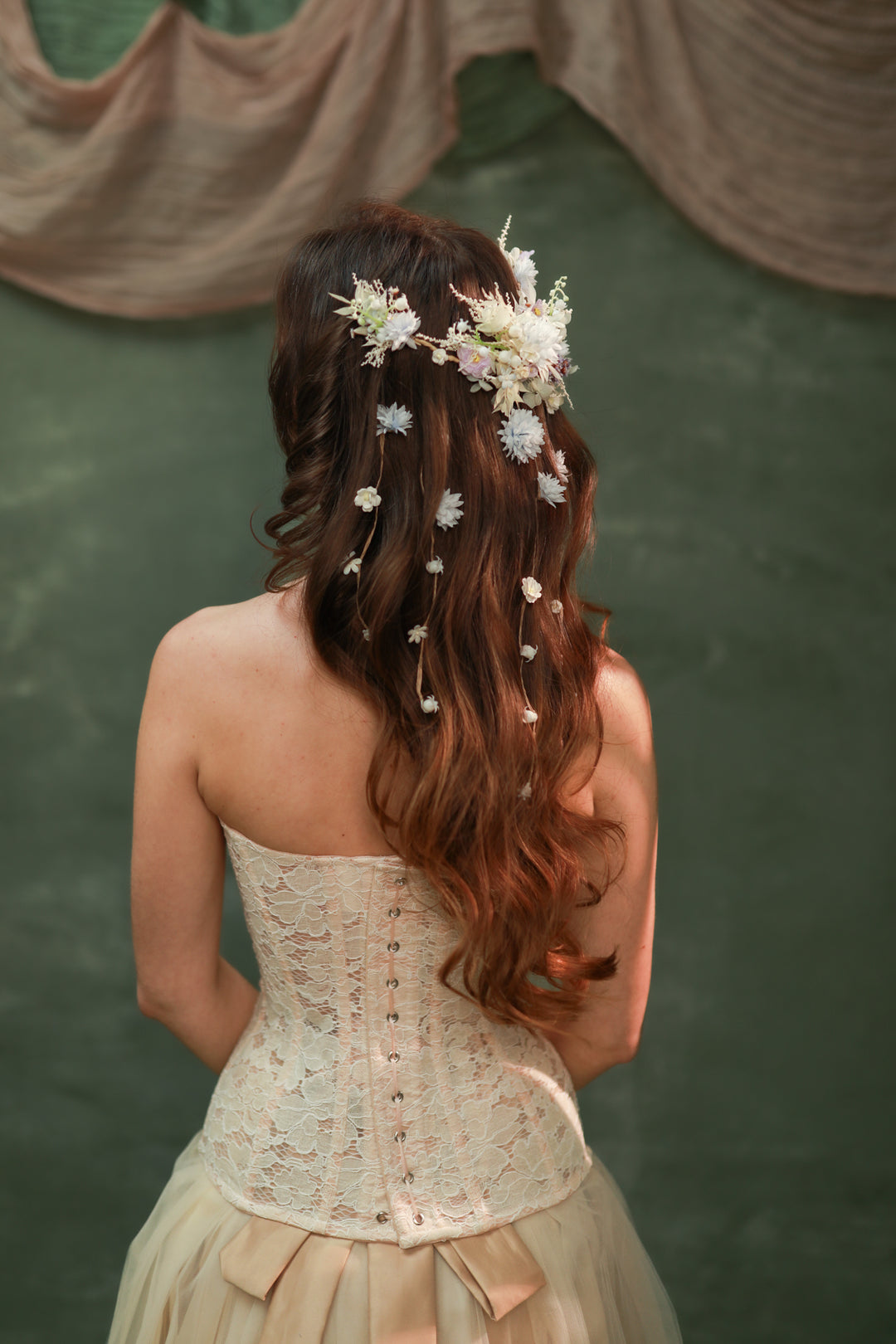 Cream, Dusty Blue, Lilac Flower Waterfall Hair Vine – Romantic Bridal Hair Accessory with Floral Veil – handmade floral hair accessory by magaela