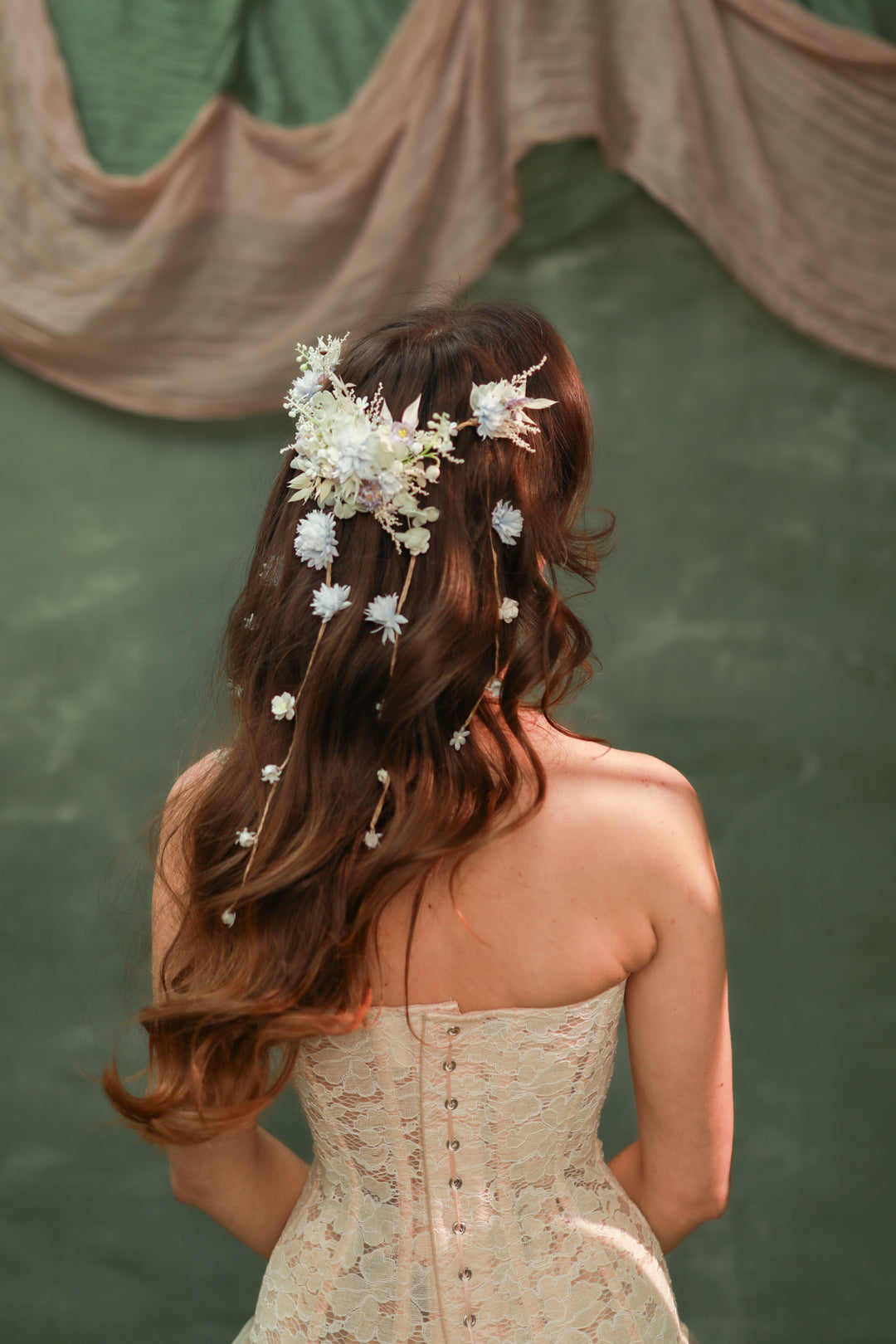 Cream, Dusty Blue, Lilac Flower Waterfall Hair Vine – Romantic Bridal Hair Accessory with Floral Veil – handmade floral hair accessory by magaela