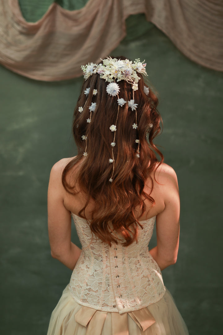 Cream, Dusty Blue, Lilac Flower Waterfall Hair Vine – Romantic Bridal Hair Accessory with Floral Veil – handmade floral hair accessory by magaela