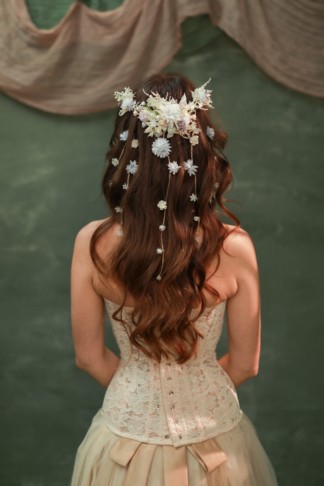 Cream, Dusty Blue, Lilac Flower Waterfall Hair Vine – Romantic Bridal Hair Accessory with Floral Veil – handmade floral hair accessory by magaela