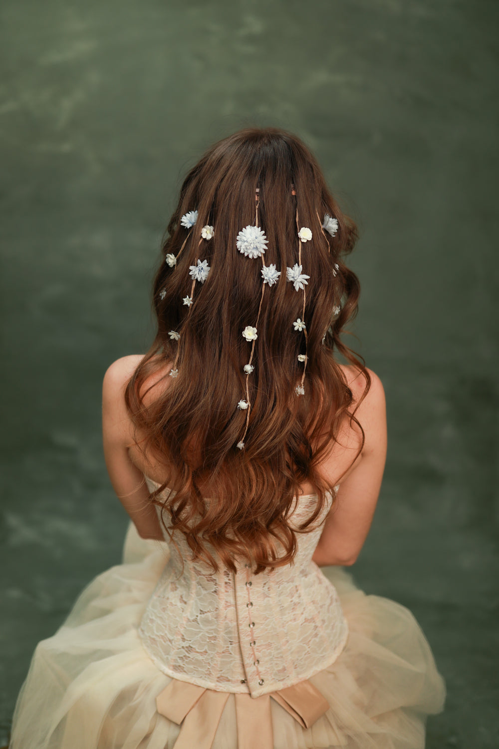 Cream, Dusty Blue, Lilac Flower Waterfall Hair Vine – Romantic Bridal Hair Accessory with Floral Veil – handmade floral hair accessory by magaela