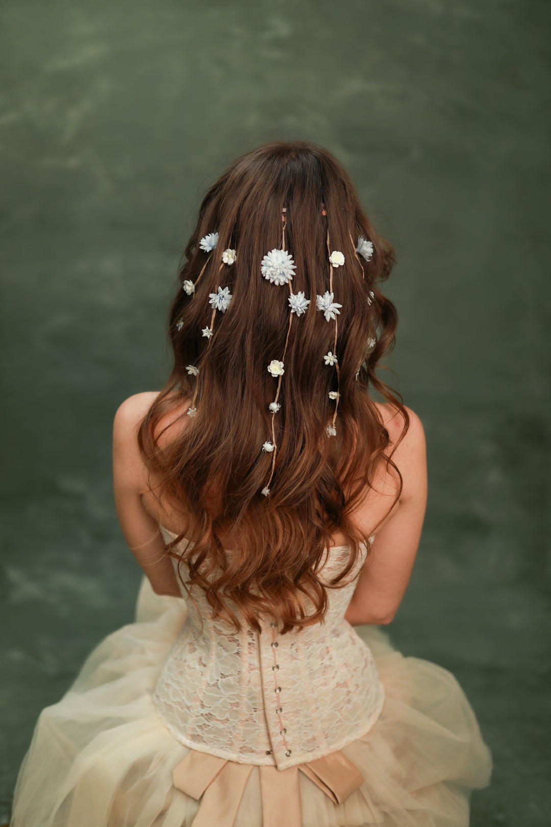 Cream, Dusty Blue, Lilac Flower Waterfall Hair Vine – Romantic Bridal Hair Accessory with Floral Veil – handmade floral hair accessory by magaela