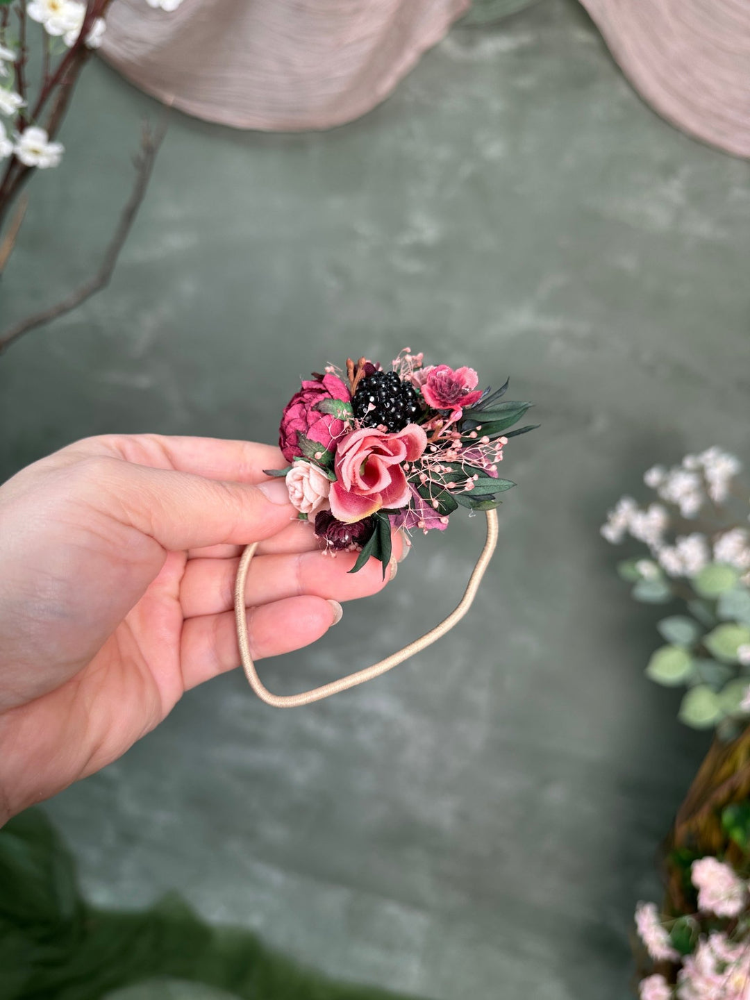 Autumn Rose Hair Tie with Blackberry – handmade floral hair accessory by magaela