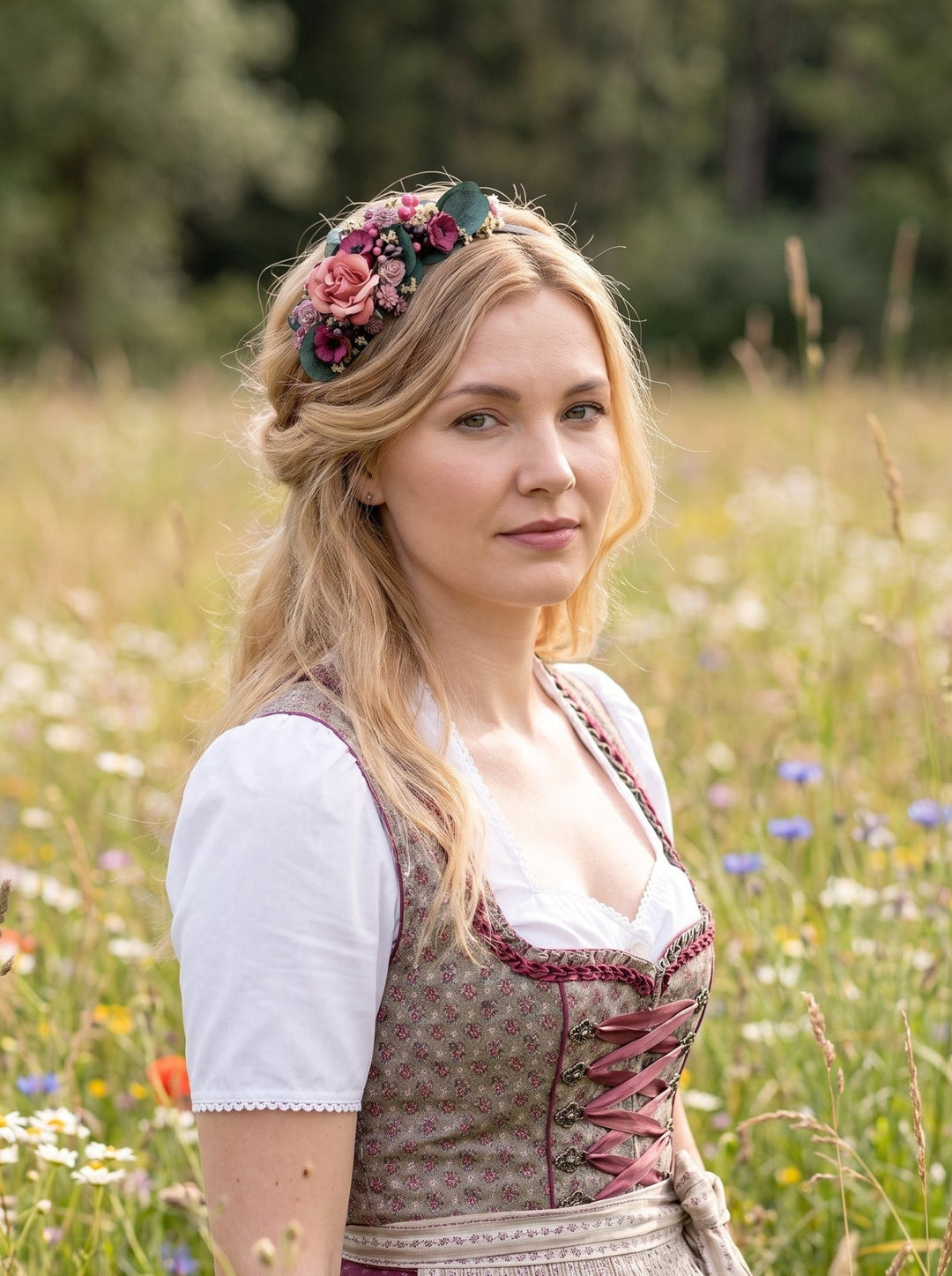 Floral Headband with Roses and Eucalyptus – Dirndl Accessory for Oktoberfest – handmade floral hair accessory by magaela