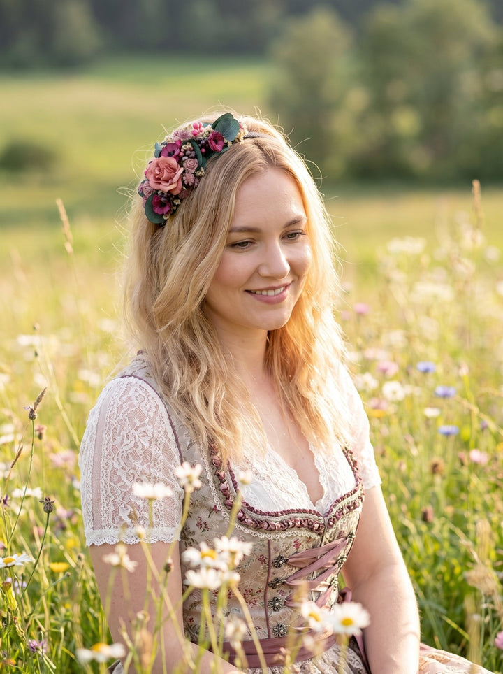 Floral Headband with Roses and Eucalyptus – Dirndl Accessory for Oktoberfest – handmade floral hair accessory by magaela
