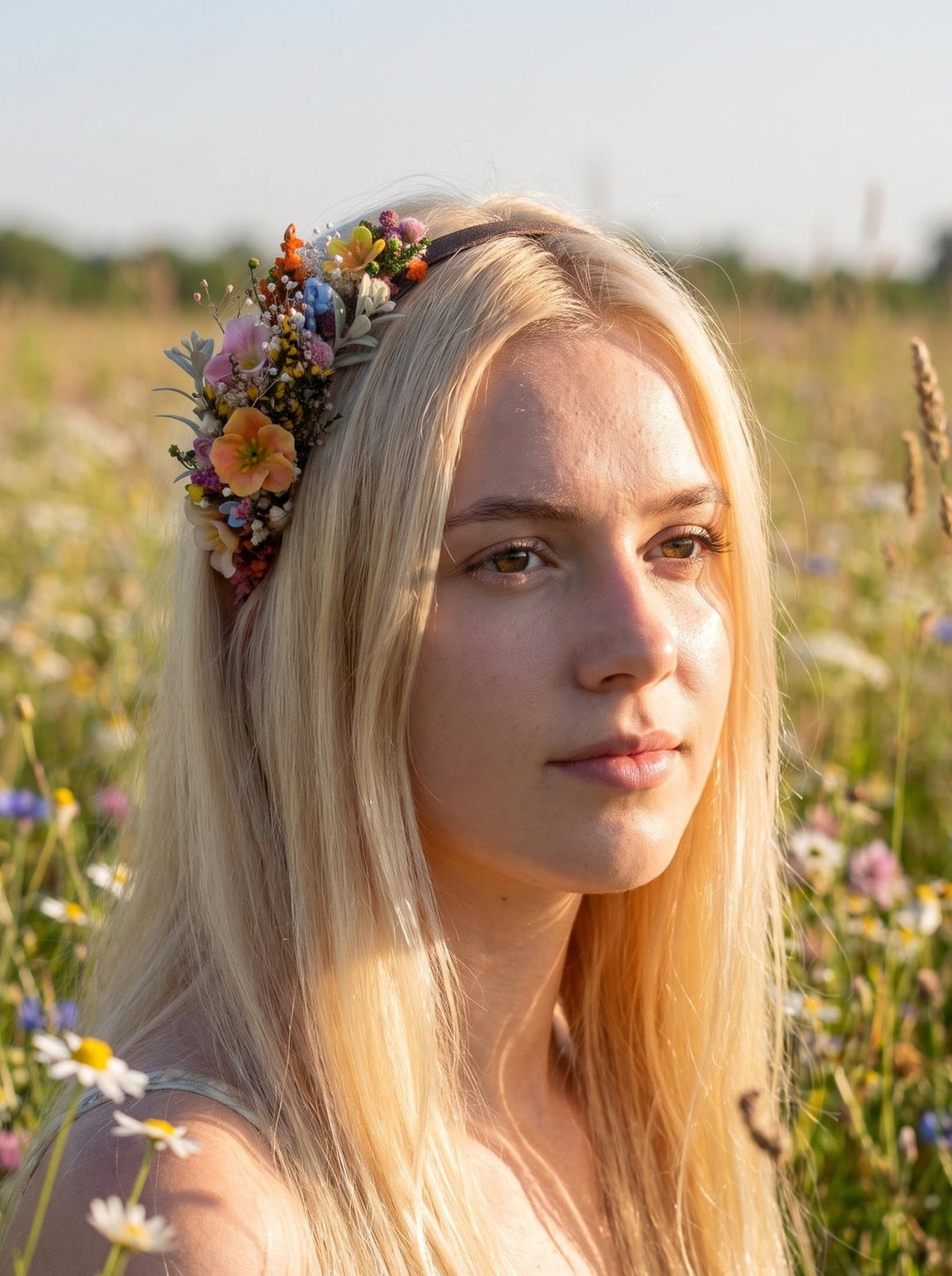 Wildflower Side Hair Headband with Orange Flowers, Ixodia and Gypsophila – handmade floral hair accessory by magaela