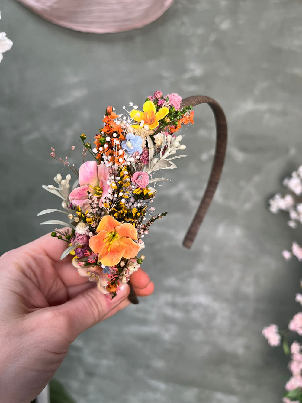 Wildflower Side Hair Headband with Orange Flowers, Ixodia and Gypsophila – handmade floral hair accessory by magaela