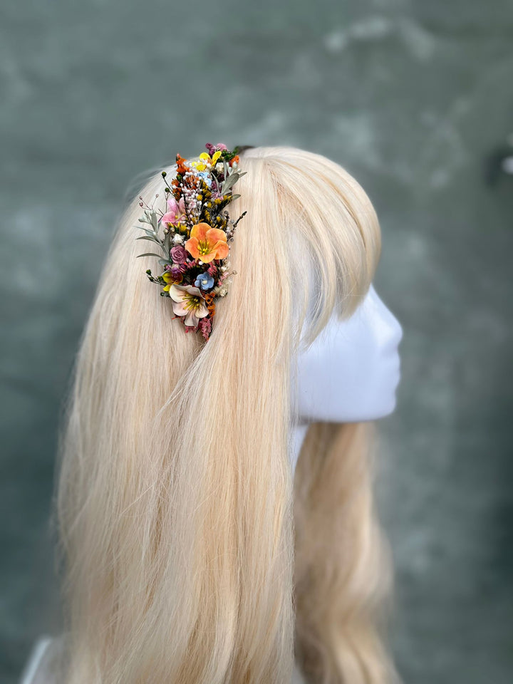 Wildflower Side Hair Headband with Orange Flowers, Ixodia and Gypsophila – handmade floral hair accessory by magaela
