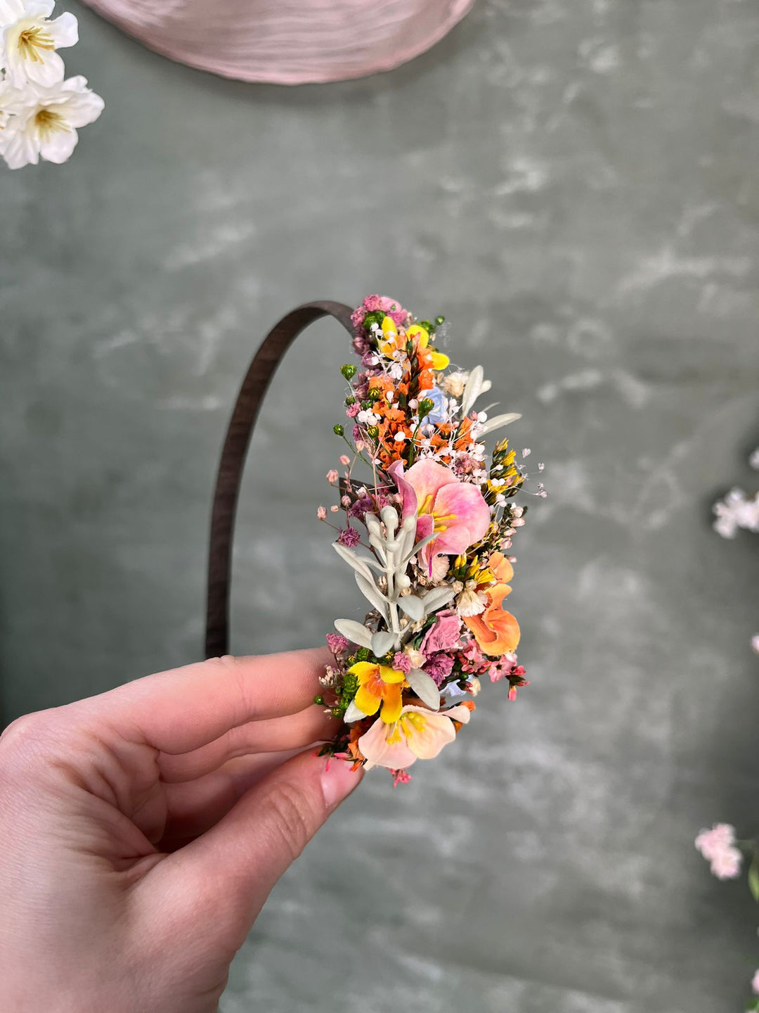 Wildflower Side Hair Headband with Orange Flowers, Ixodia and Gypsophila – handmade floral hair accessory by magaela
