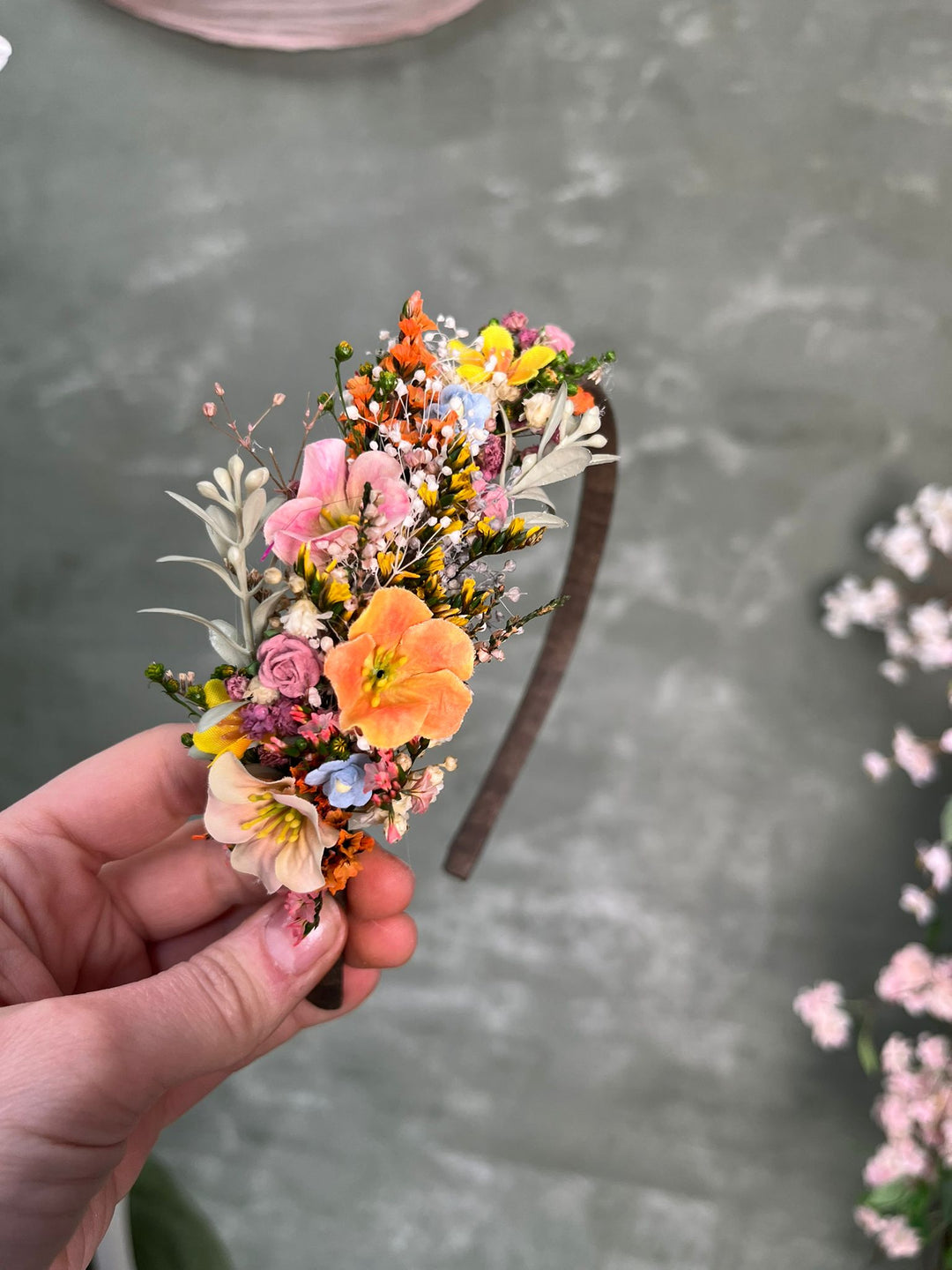 Wildflower Side Hair Headband with Orange Flowers, Ixodia and Gypsophila – handmade floral hair accessory by magaela