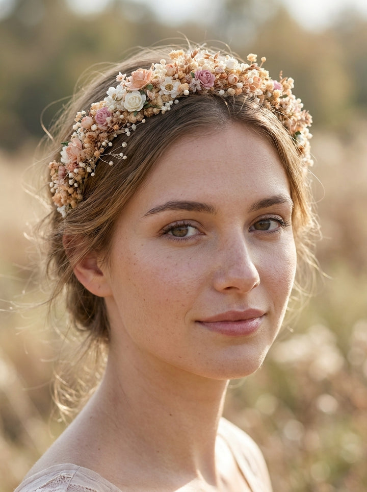 A woman outdoors wearing a delicate floral crown headband made of small cream, pink, and peach flowers with tiny white filler blossoms.