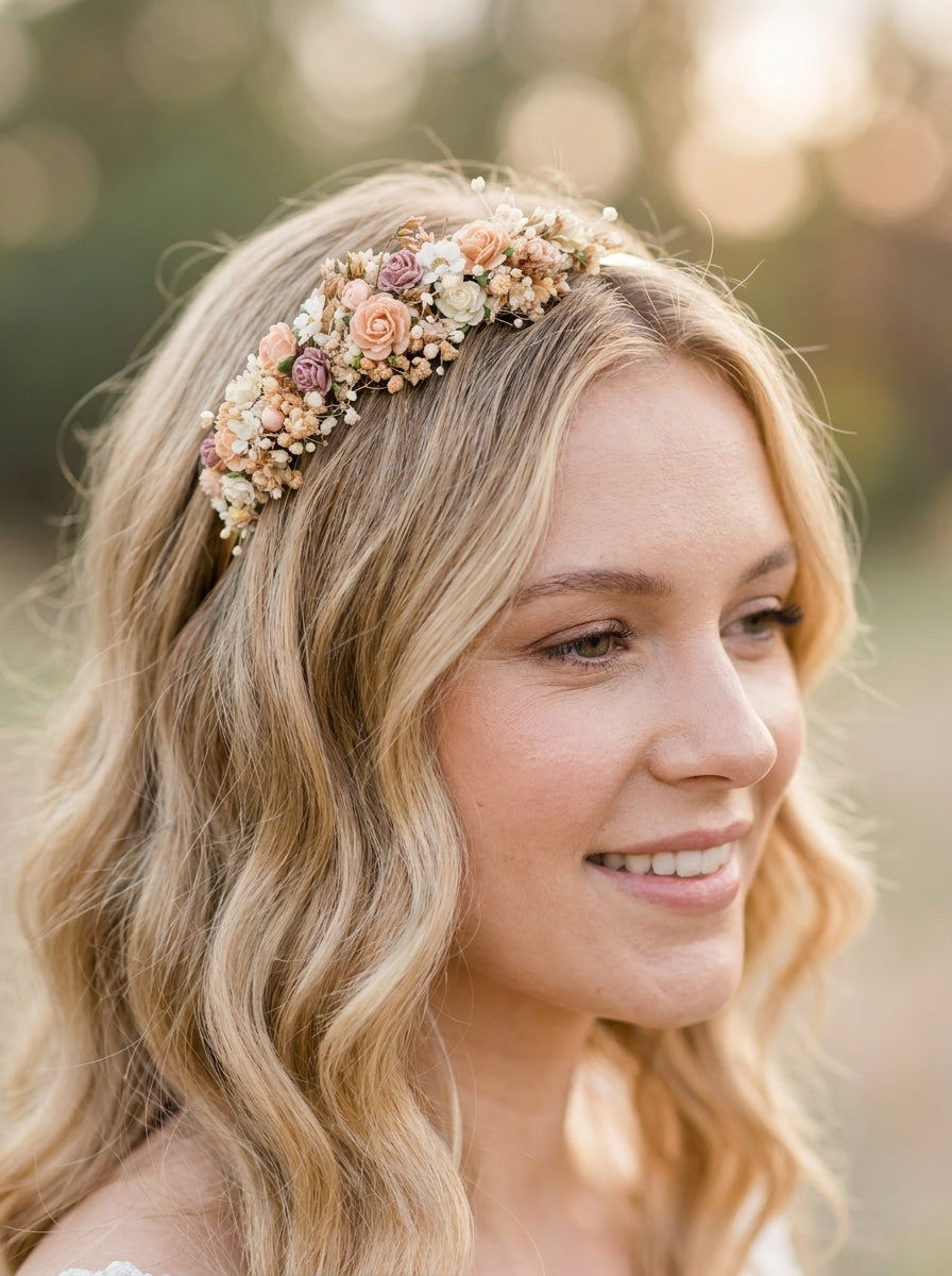 A blonde woman in profile wearing a delicate floral headband with small flowers and beads, photographed outdoors with a softly blurred natural background.