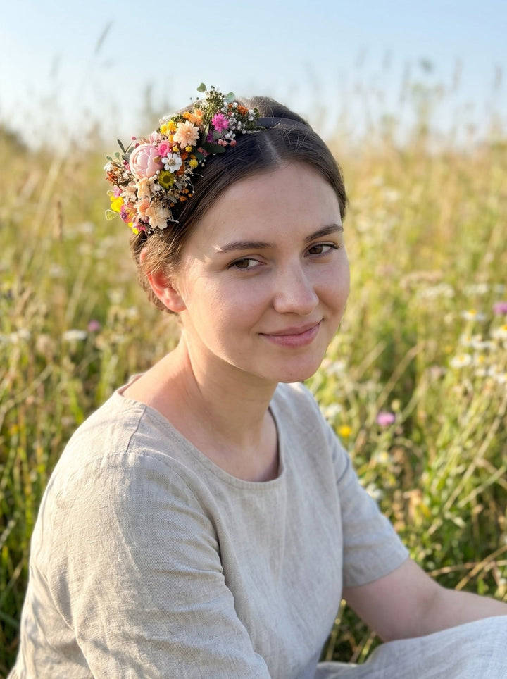 Romantic Side Hair Headband with Peony, Ixodia and Gypsophila – handmade floral hair accessory by magaela