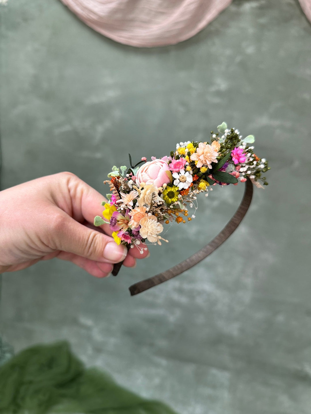 Romantic Side Hair Headband with Peony, Ixodia and Gypsophila – handmade floral hair accessory by magaela