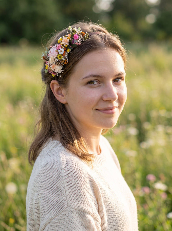 Romantic Side Hair Headband with Peony, Ixodia and Gypsophila – handmade floral hair accessory by magaela