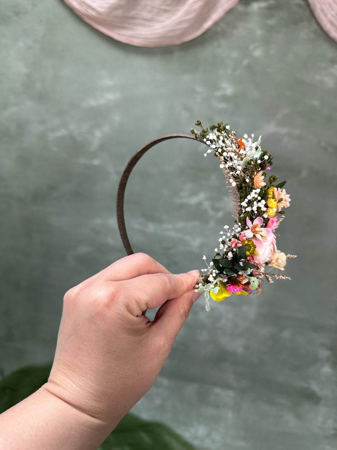 Romantic Side Hair Headband with Peony, Ixodia and Gypsophila – handmade floral hair accessory by magaela