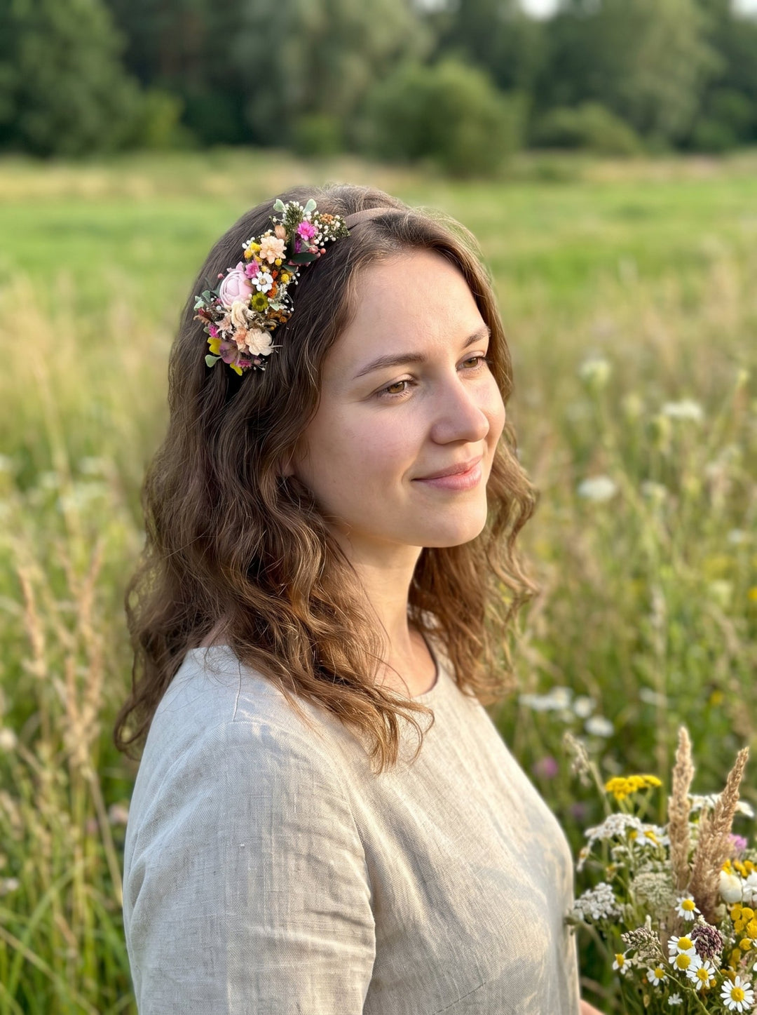 Romantic Side Hair Headband with Peony, Ixodia and Gypsophila – handmade floral hair accessory by magaela