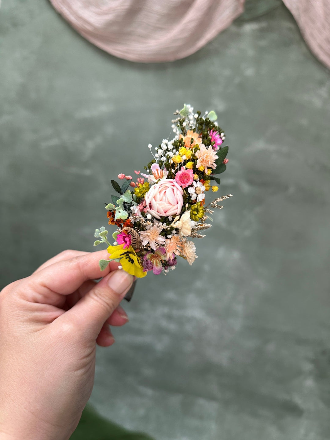 Romantic Side Hair Headband with Peony, Ixodia and Gypsophila – handmade floral hair accessory by magaela