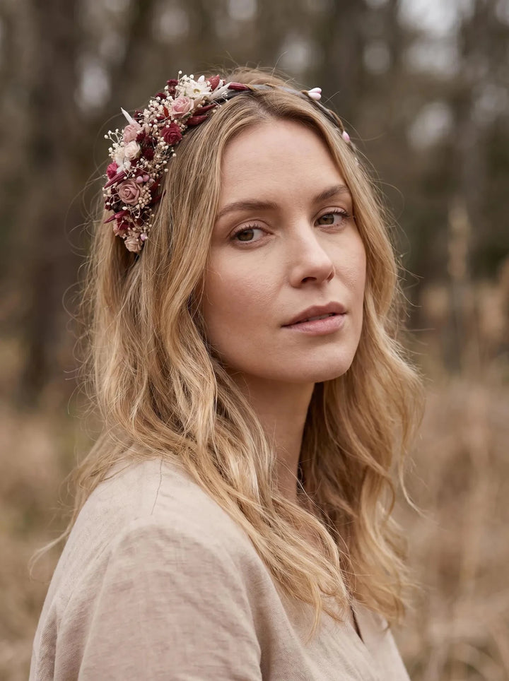 Pink and Burgundy Headband - Romantic Flower Headpiece – handmade floral hair accessory by magaela
