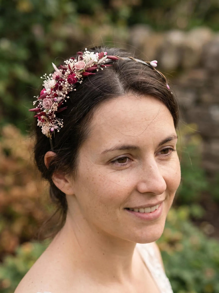 Pink and Burgundy Headband - Romantic Flower Headpiece – handmade floral hair accessory by magaela