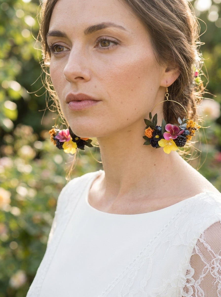 Magenta Flower Circle Earrings: Unique Wedding Jewelry – handmade floral hair accessory by magaela