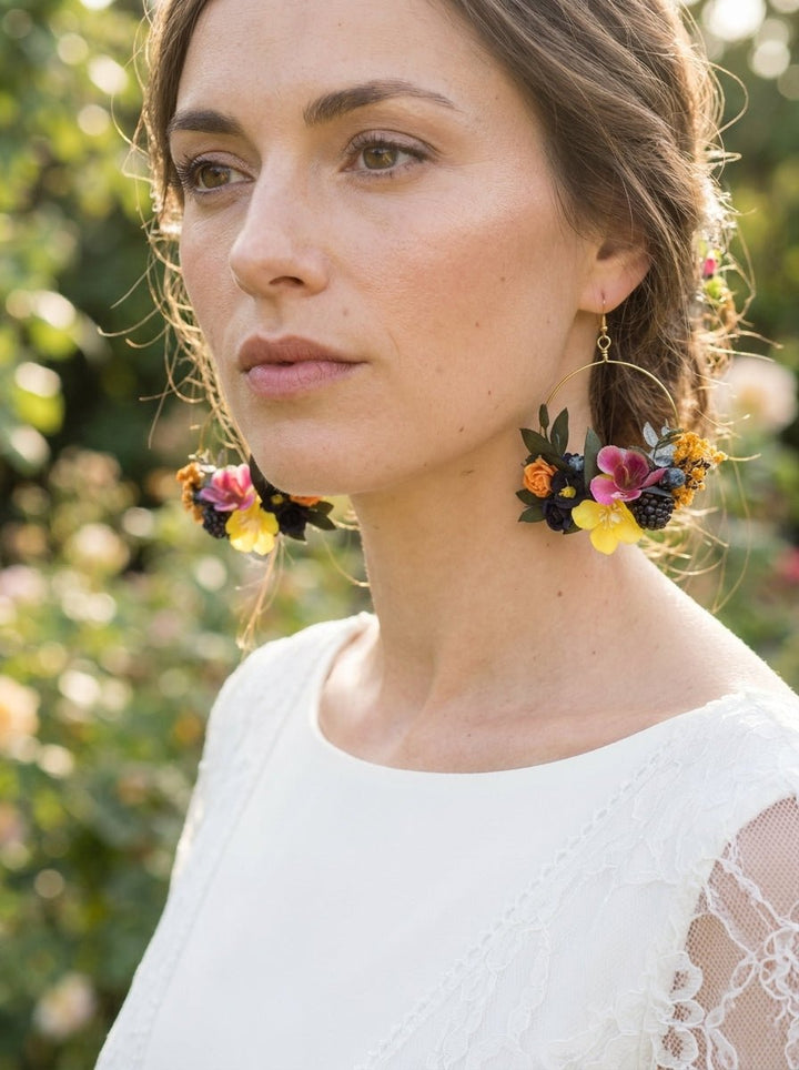 Magenta Flower Circle Earrings: Unique Wedding Jewelry – handmade floral hair accessory by magaela