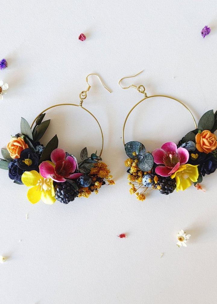 Magenta Flower Circle Earrings: Unique Wedding Jewelry – handmade floral hair accessory by magaela
