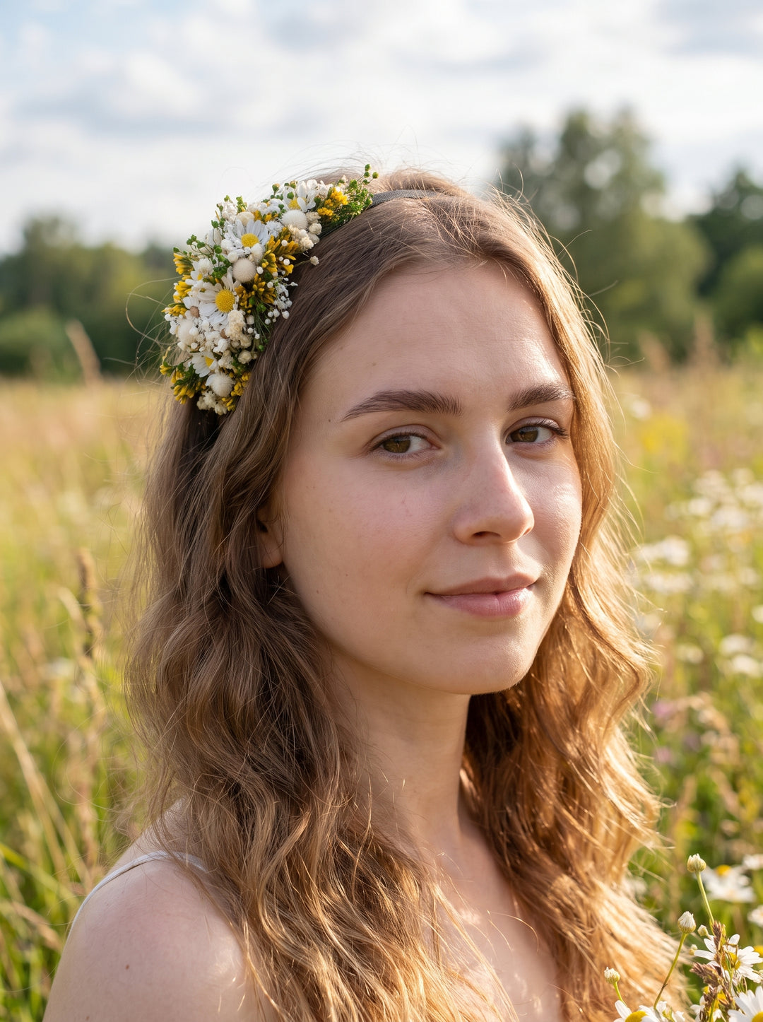 A young woman with long wavy light brown hair wearing a white and yellow wildflower crown, standing in a sunlit grassy field.