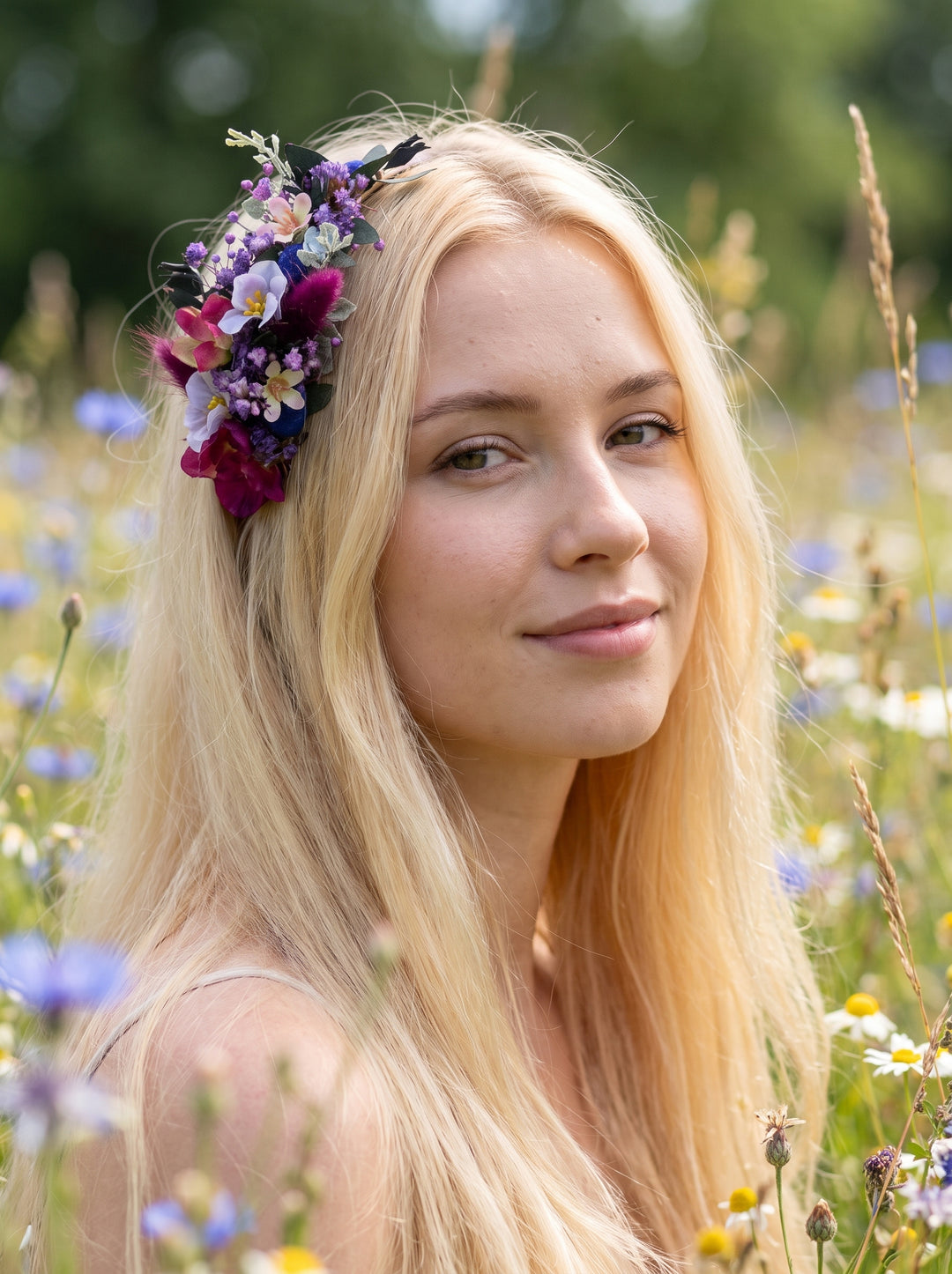 A blonde woman outdoors in a wildflower field, wearing a floral headpiece with purple, pink, and white flowers.