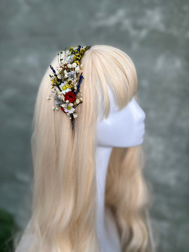 Florales Volksstirnband mit Wildblumen, Lavendel, Schleierkraut und gelben Blüten
