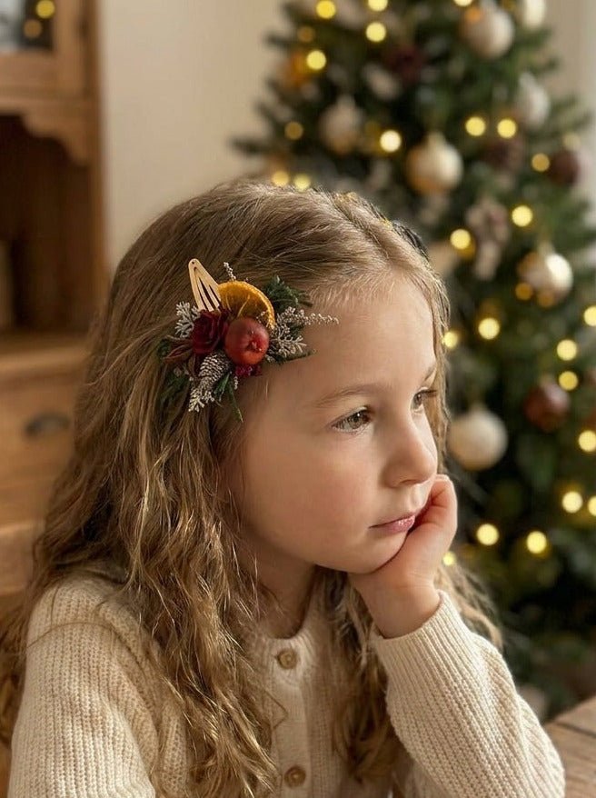 Christmas Floral Snap Clip | Burgundy Roses and Orange Details – handmade floral hair accessory by magaela
