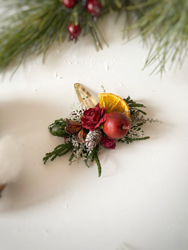 Christmas Floral Snap Clip | Burgundy Roses and Orange Details – handmade floral hair accessory by magaela