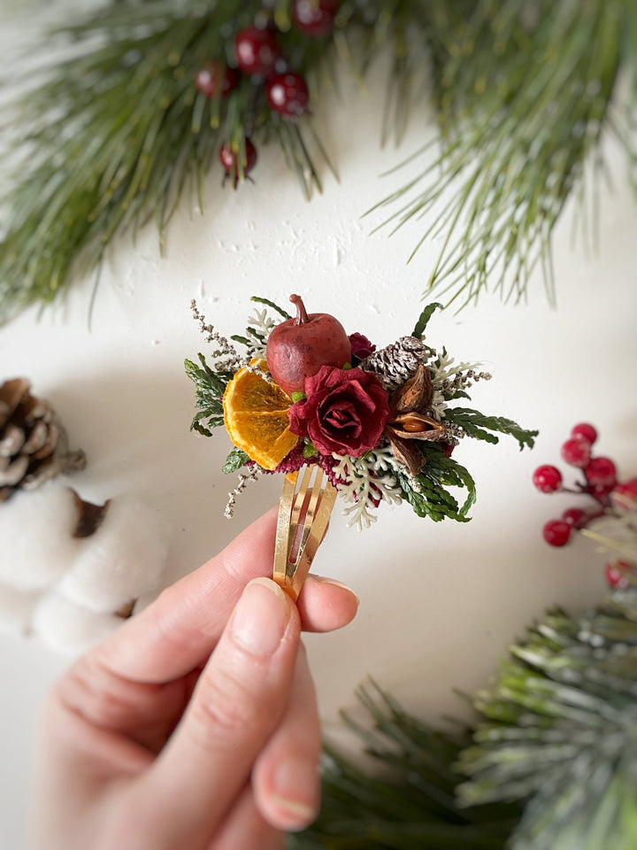 Christmas Floral Snap Clip | Burgundy Roses and Orange Details – handmade floral hair accessory by magaela