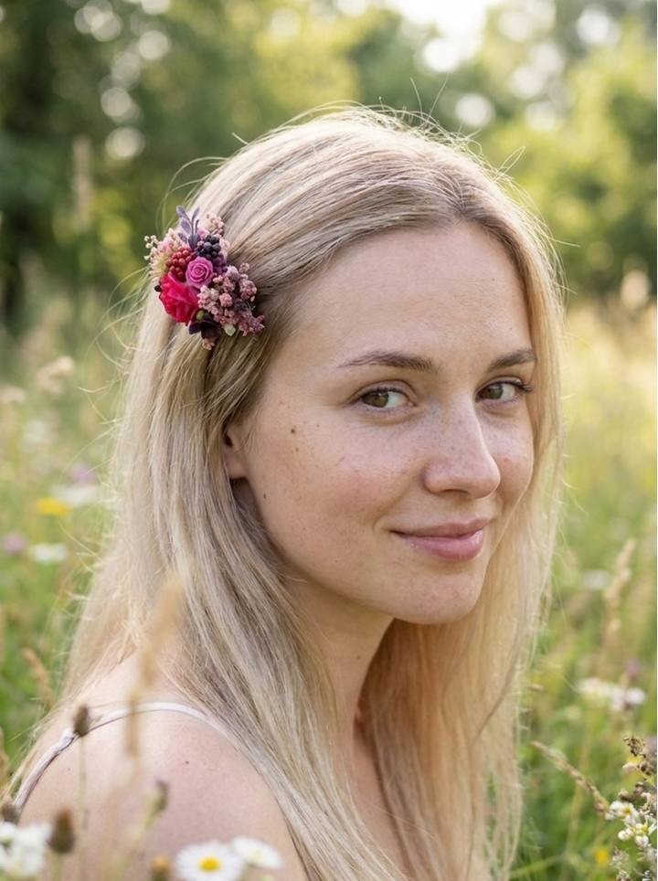 A blonde woman in a sunlit field wearing a small pink and purple floral hair accessory, photographed outdoors with blurred greenery in the background.