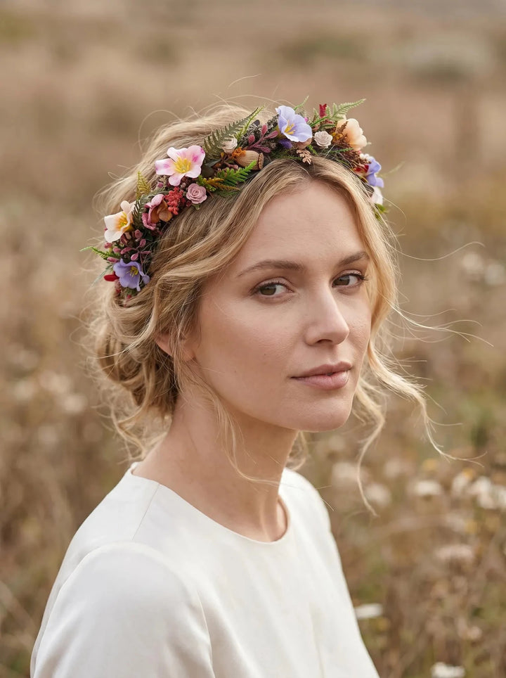 Wildflower Bridal Headband: Colorful Boho Meadow Flower Crown – handmade floral hair accessory by magaela