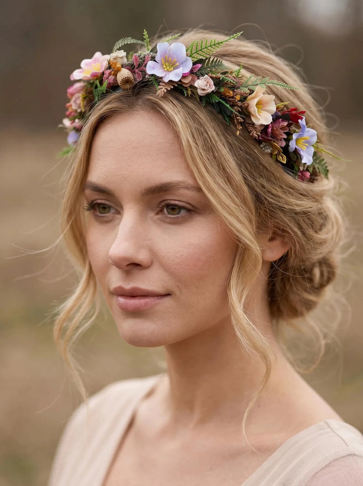 Wildflower Bridal Headband: Colorful Boho Meadow Flower Crown – handmade floral hair accessory by magaela