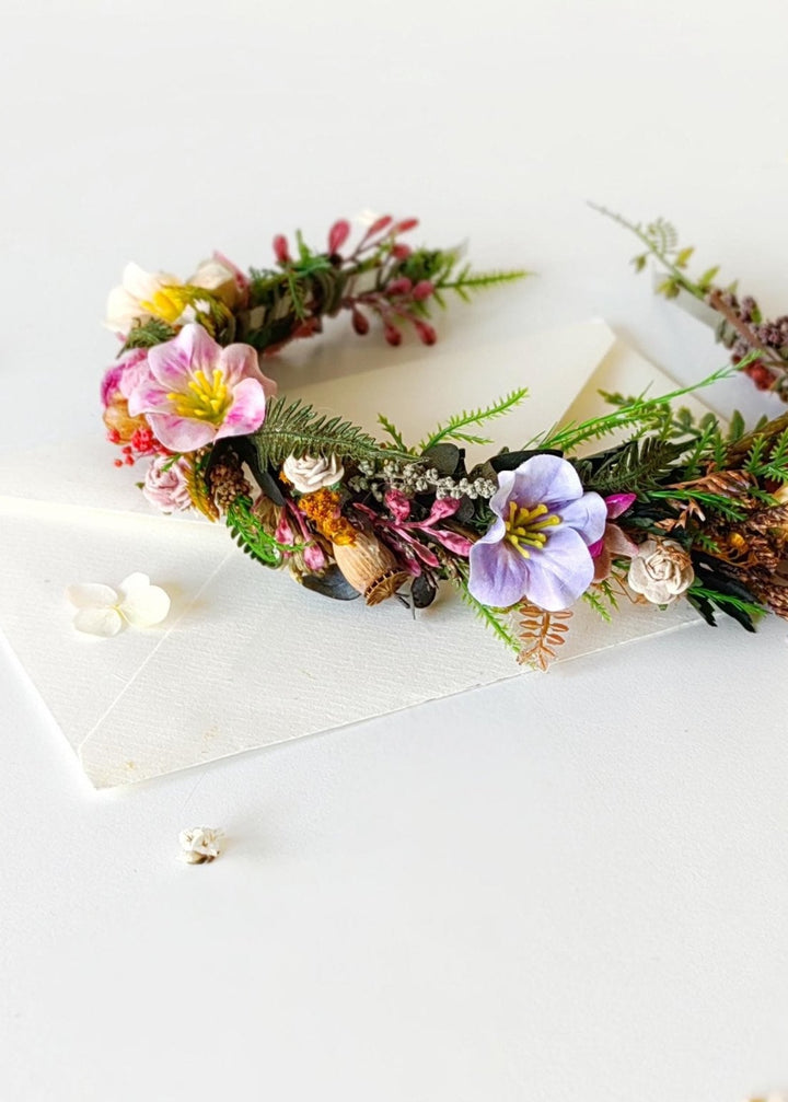Wildflower Bridal Headband: Colorful Boho Meadow Flower Crown – handmade floral hair accessory by magaela