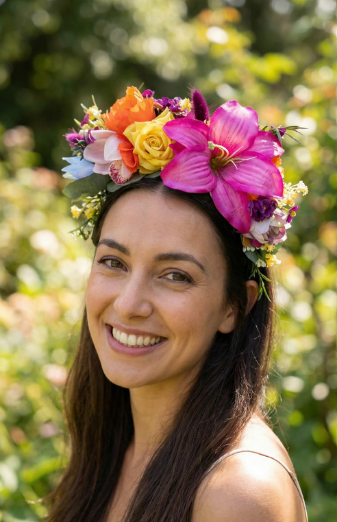 Colorful Frida headband with lily flowers: doublesided floral headpiece – handmade floral hair accessory by magaela