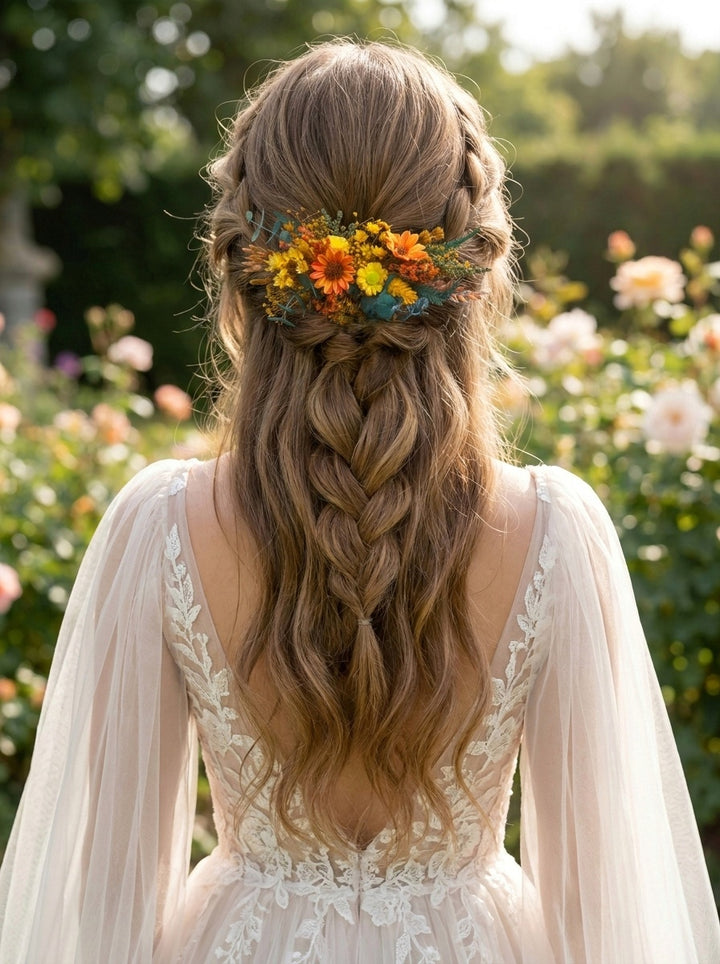 A woman viewed from behind wearing a long, styled brown braid adorned with a small floral hair accessory in orange, yellow, and green, wearing a cream lace dress in a garden setting.