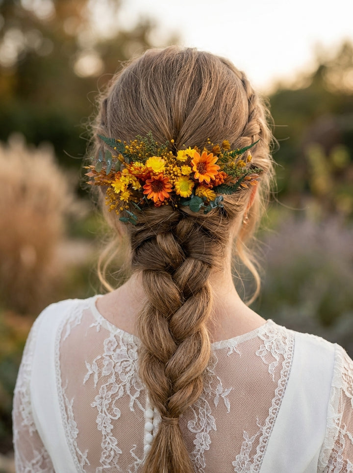 A woman viewed from behind wearing a white lace dress, with her hair styled in a long braid adorned with a floral hairpiece featuring orange, yellow, and green flowers. The background is a softly blurred outdoor setting.