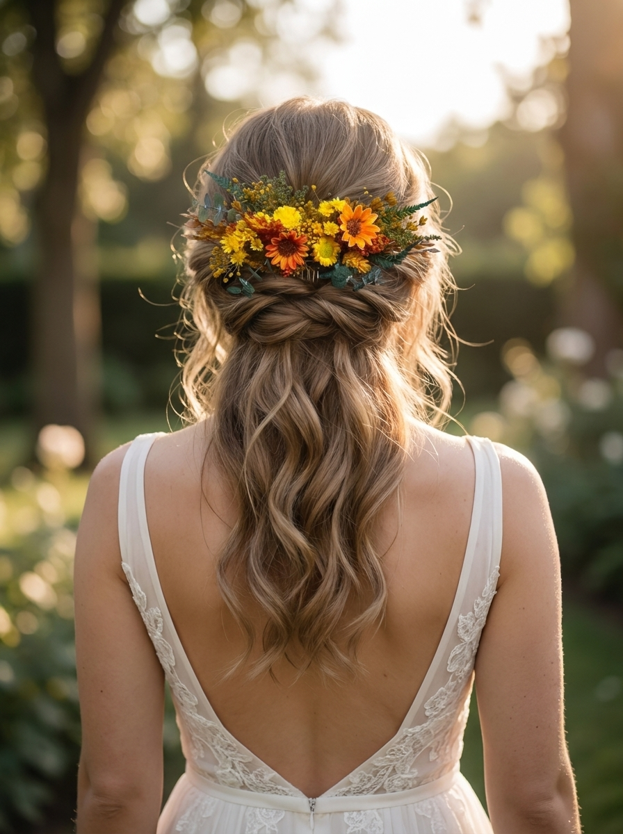 A woman viewed from behind wearing a white lace dress and a floral hair accessory with yellow, orange, and green flowers, standing outdoors in a sunlit garden.