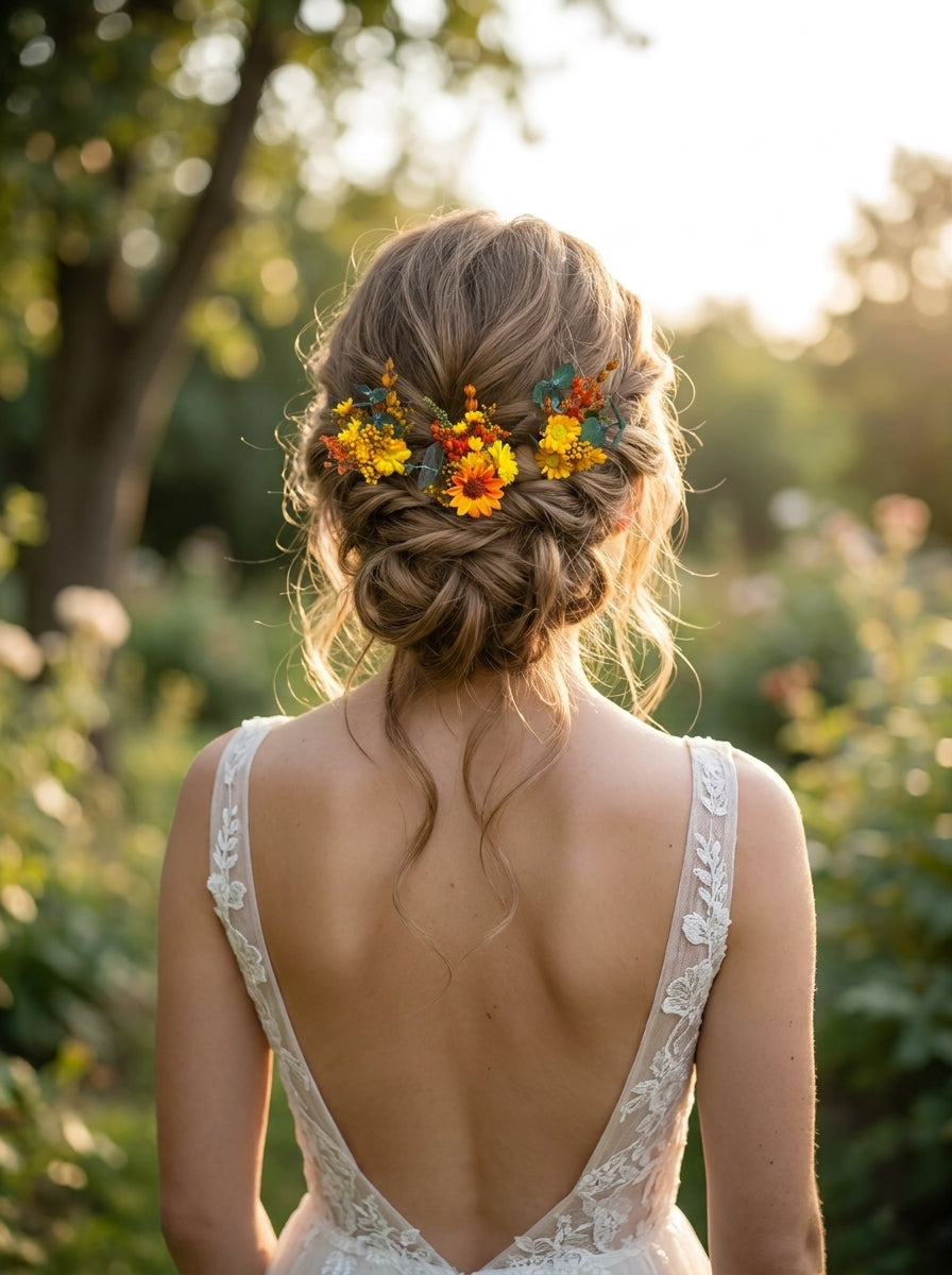 A woman seen from behind wearing a white lace bridal dress and an intricate updo hairstyle decorated with yellow, orange, and red wildflowers, set against a soft-focus outdoor garden background at sunset.