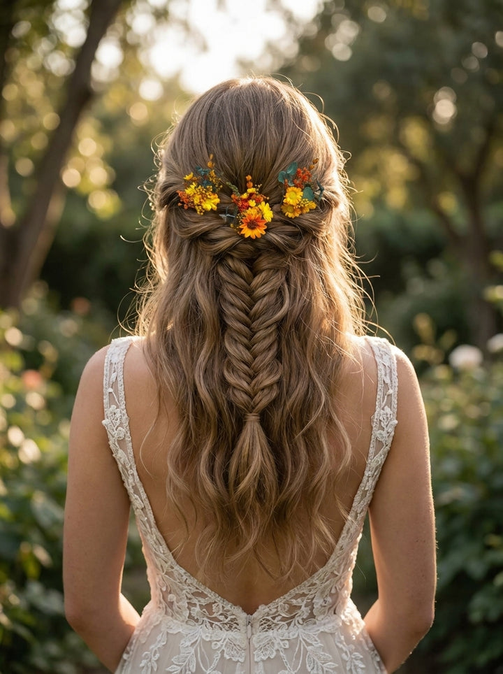 A woman viewed from behind outdoors, wearing a long light brown braided hairstyle with small yellow and orange flowers tucked into the hair. She is wearing a white lace dress with an open back, set against a soft-focus green and gold garden background.