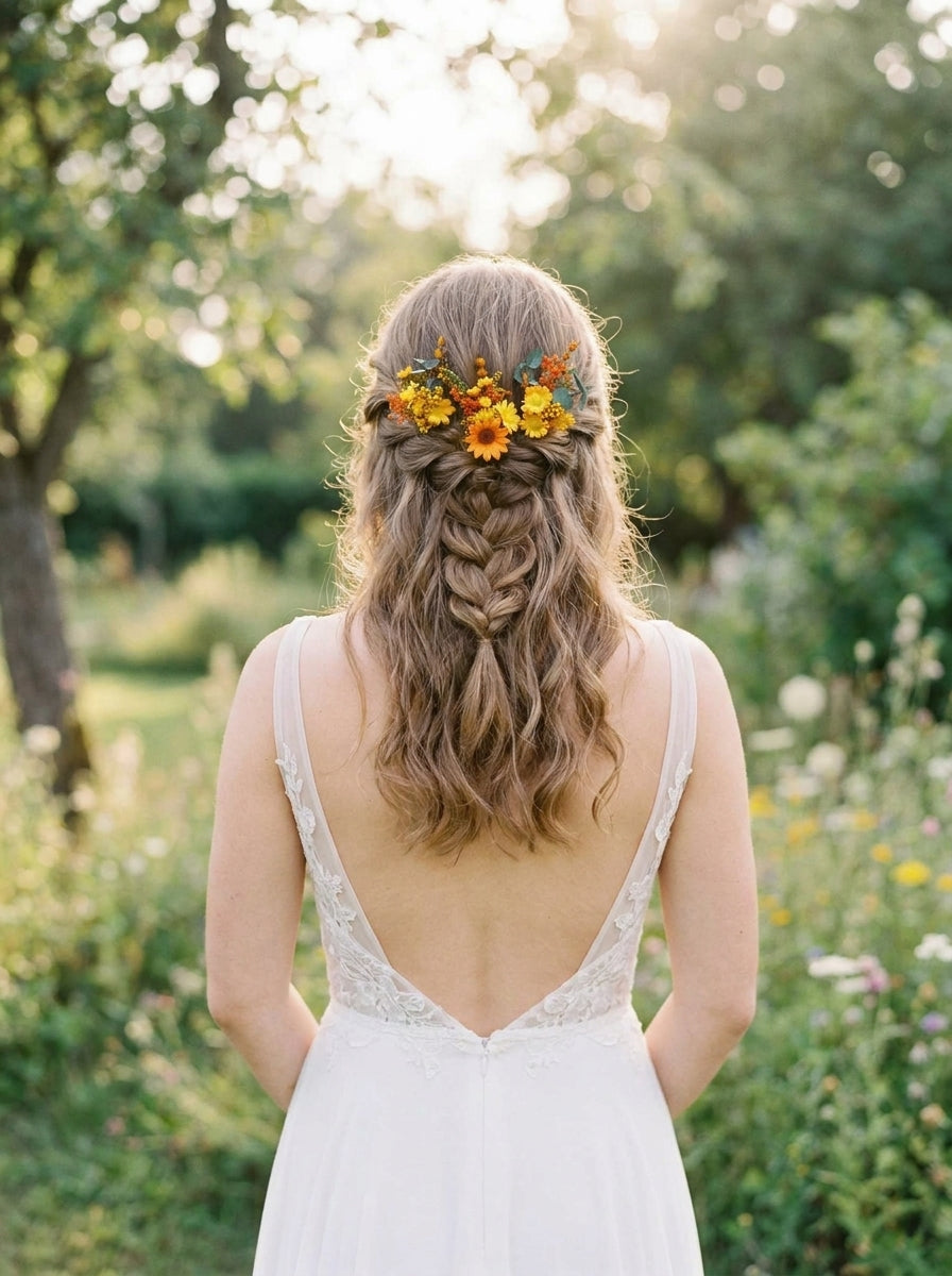 A woman seen from behind wearing a white lace wedding dress and a floral hair accessory with yellow and orange flowers, standing outdoors in a sunlit garden.