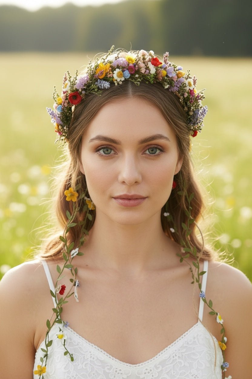 Boho Flower Crown with Veil: Romantic Meadow Bridal Headpiece