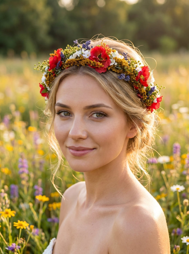 Folk Bridal Flower Half Wreath: Poppy, Lavender, Daisy Hair Crown – handmade floral hair accessory by magaela