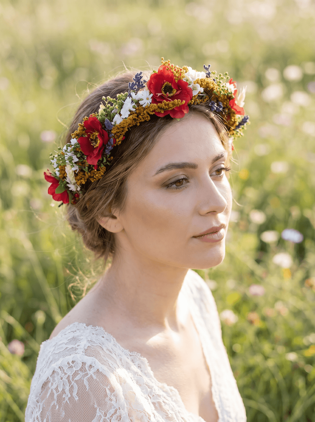 Folk Bridal Flower Half Wreath: Poppy, Lavender, Daisy Hair Crown – handmade floral hair accessory by magaela