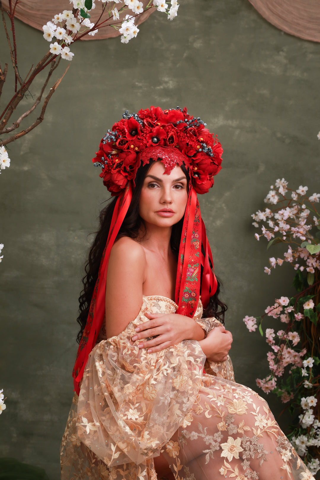 Red Folk Bridal Crown with Poppies, Roses and Berries – Bold Slovak Wedding Headpiece – handmade floral hair accessory by magaela