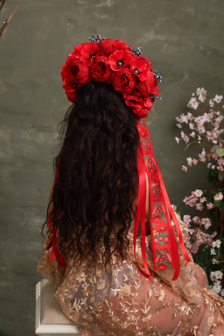 Red Folk Bridal Crown with Poppies, Roses and Berries – Bold Slovak Wedding Headpiece – handmade floral hair accessory by magaela